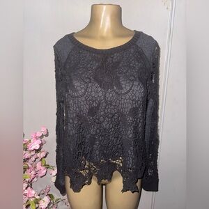 Free People Grey Crochet Lace Pretty Rad Split Open Back Sweater  Small